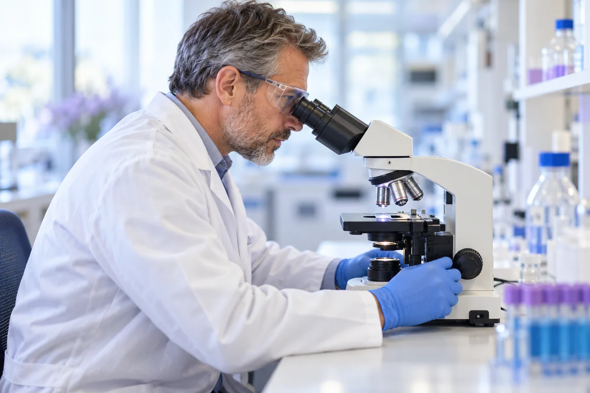 Immunology researcher examining a prepared slide through a microscope