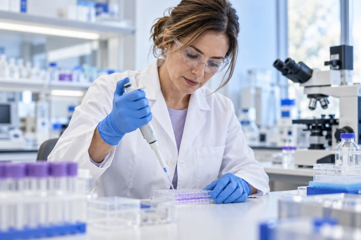 Researcher using a pipette and microplate in an immunology laboratory