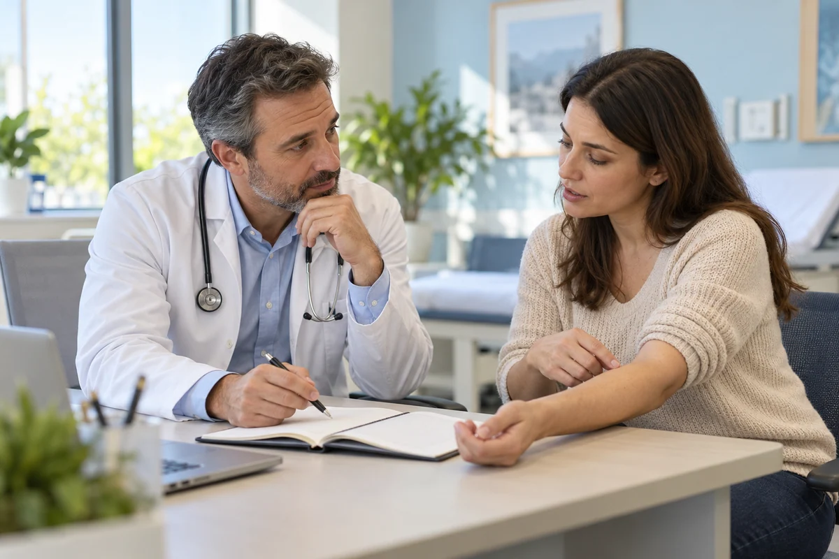 Allergist and patient discussing persistent symptoms during a consultation