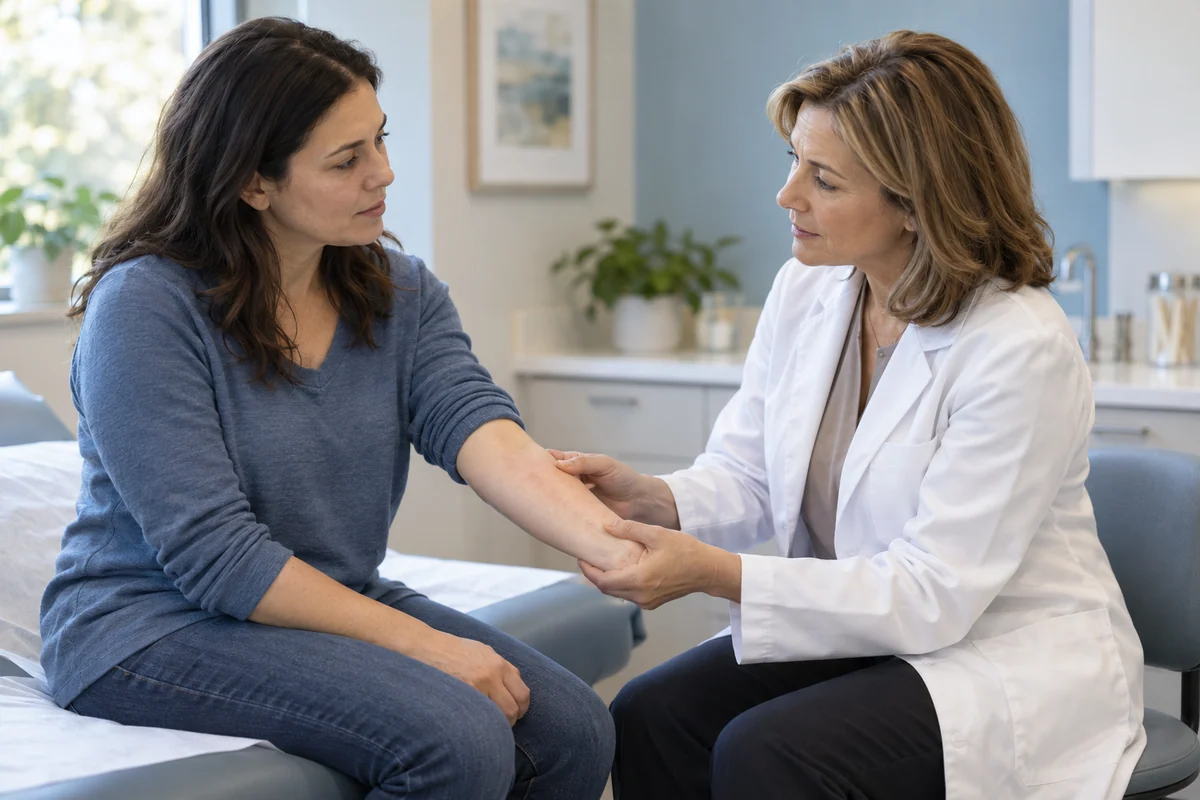 An allergist discussing a skin concern with an adult patient