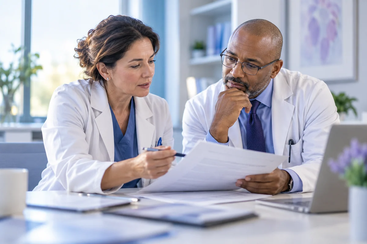 Clinicians reviewing guidance together in a bright clinical meeting room